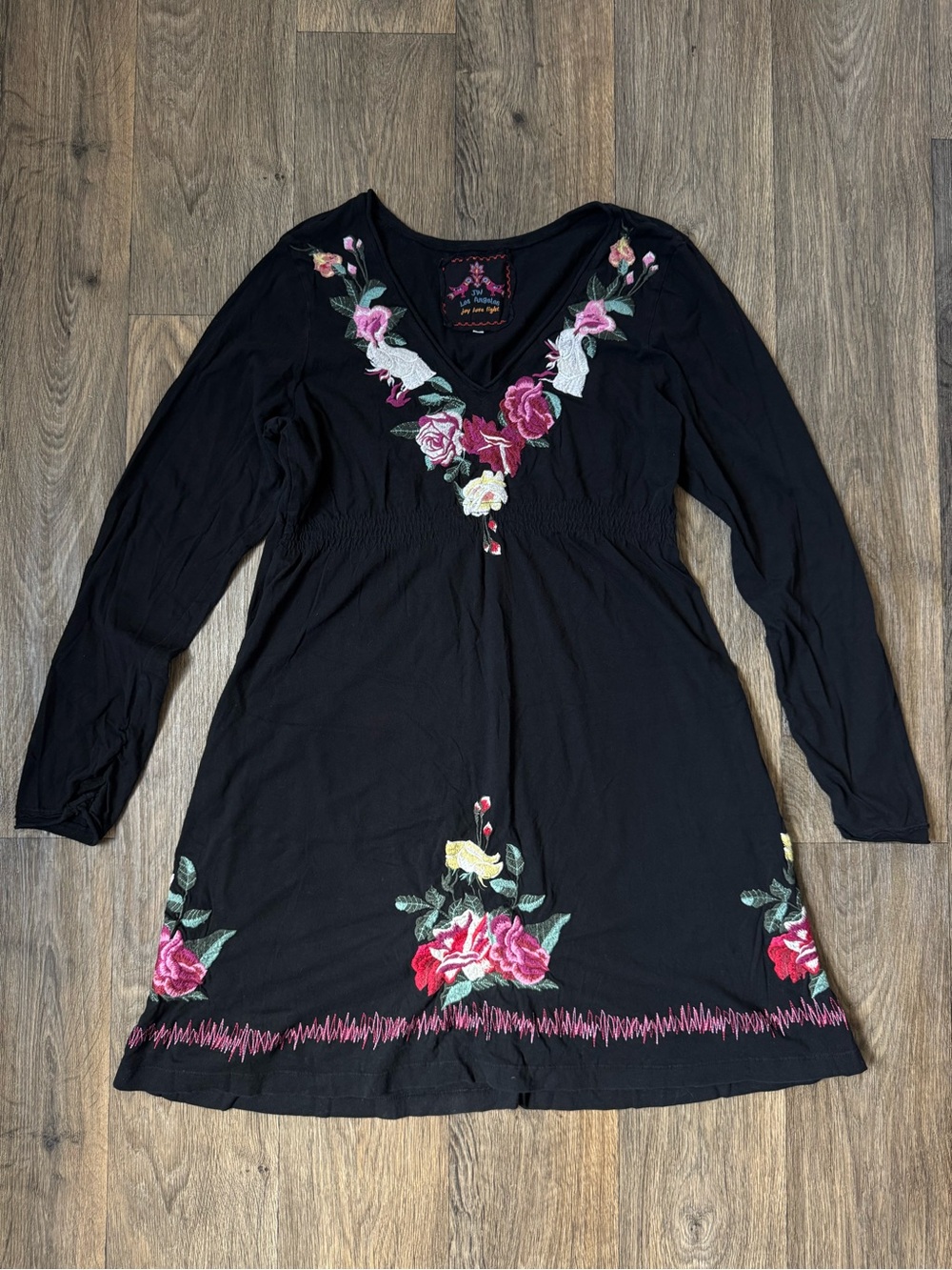 Johnny Was Los Angeles Black Floral Embroidered Knit Fit & Flare V-Neck Dress L